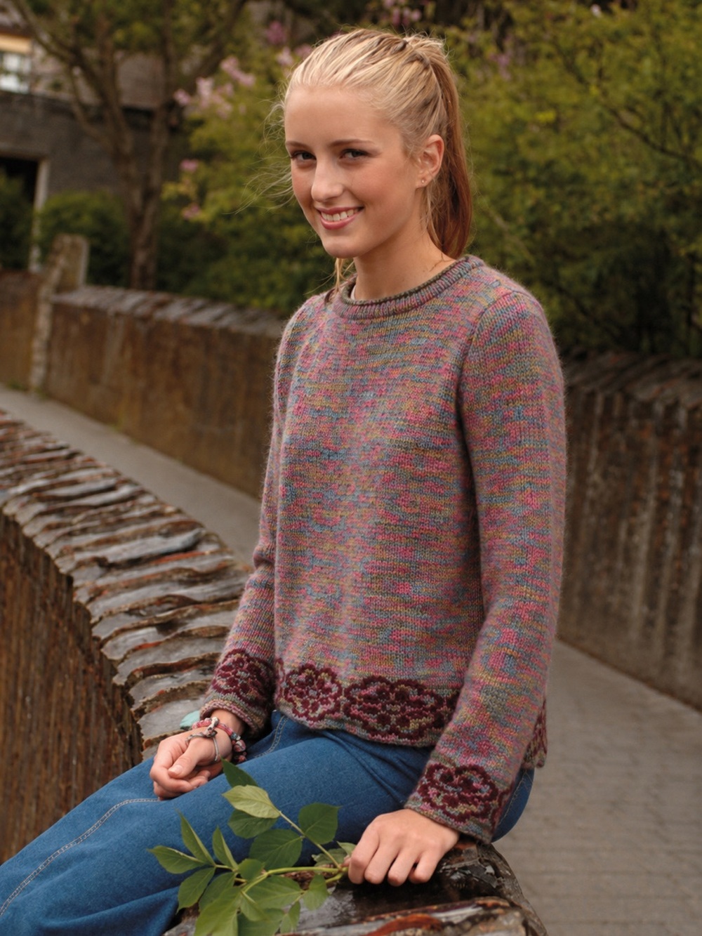 Multicolour double knit sweater genuine wool